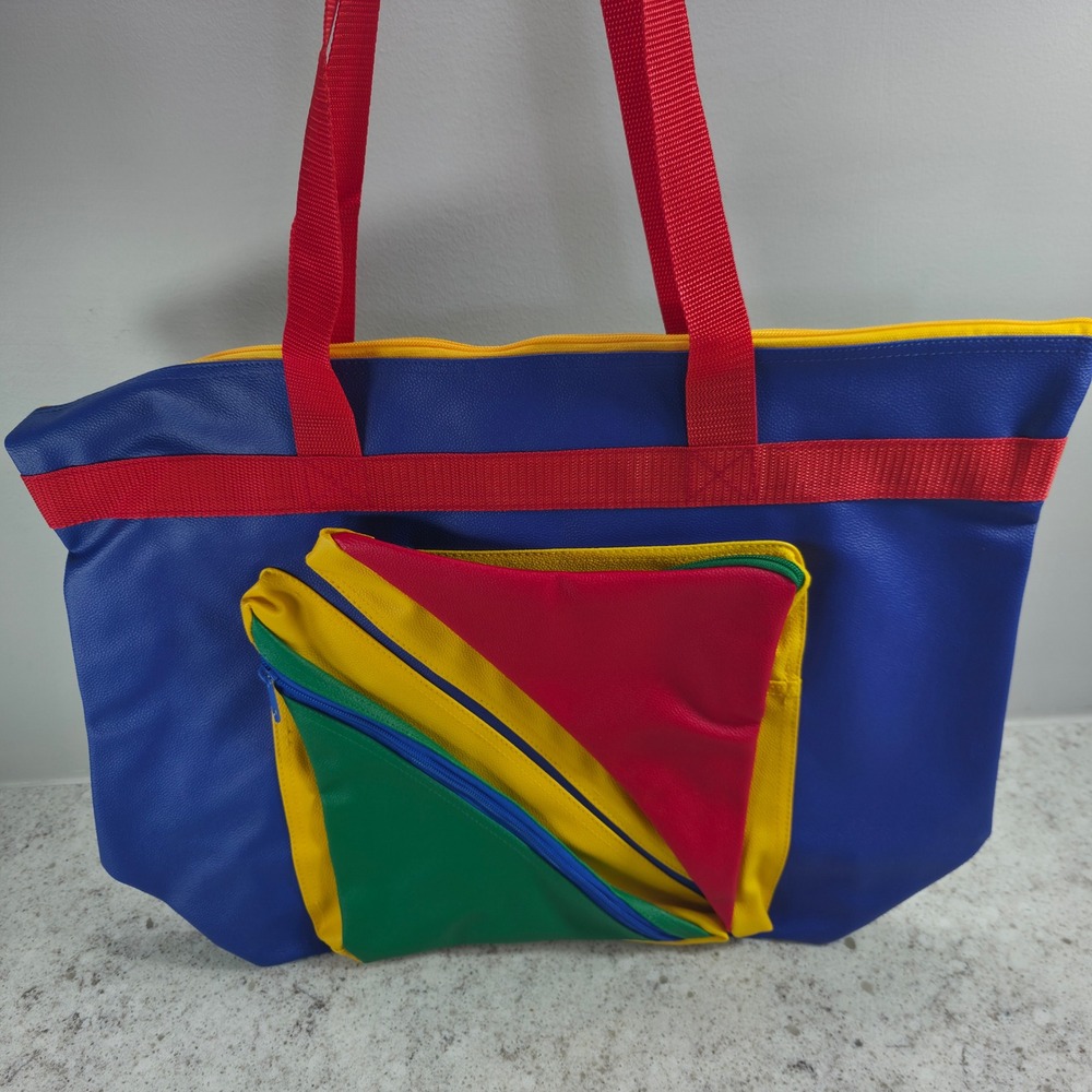 Vintage Style Primary Color Block Tote Bag Blue Green Red Yellow Large Zipper